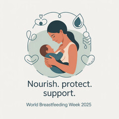 World Breastfeeding Week  Silhouette and Line Art Icon Set of a Mother Breastfeeding Her Baby Vector illustration on white background.