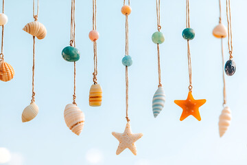 Beach-themed wind chimes create a calming seaside ambiance. Seashells, beads, and starfish hang from strings against a clear sky backdrop.
