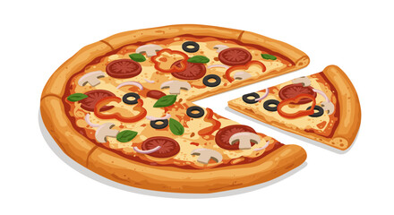 Pepperoni pizza with olives and vegetables on transparent background