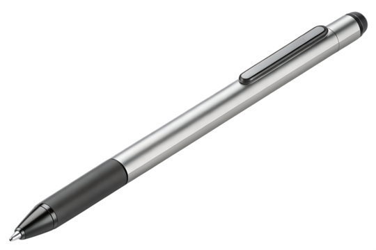 Silver stylus pen with black grip isolated on a transparent background