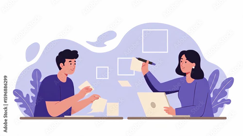 Poster flat vector a man and woman are collaborating on a project, brainstorming ideas with sticky notes an