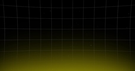 Video of a grid moving vertically on a black background with a yellow glow at the bottom and particles coming out from below. - Powered by Adobe