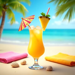 Obraz premium Refreshing tropical pineapple cocktail with umbrella and pineapple slice on sandy beach with palm trees and ocean background