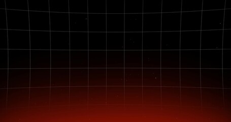 A video of a grid moving vertically on a black background with an orange glow at the bottom and particles coming out from below.