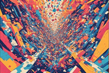 Abstract explosion of colorful geometric shapes, creating a dynamic, energetic visual composition.