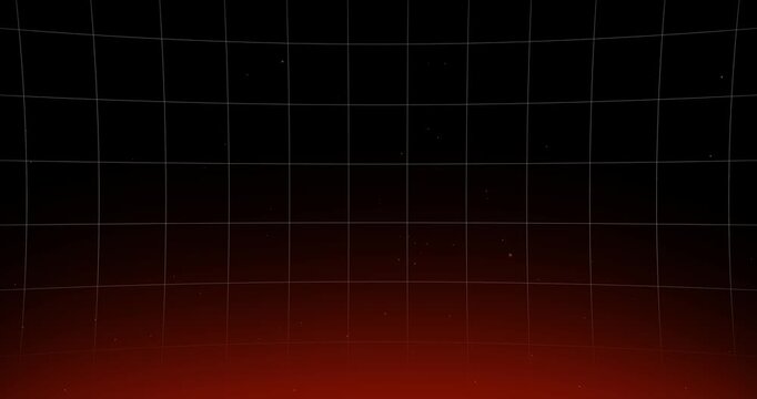A video of a grid moving vertically on a black background with an orange glow at the bottom and particles coming out from below.