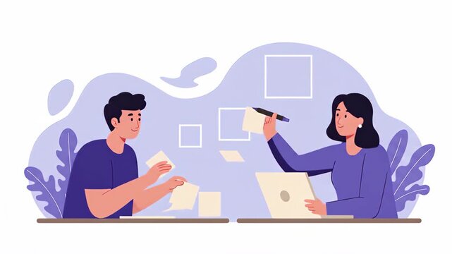 Flat vector a man and woman are collaborating on a project, brainstorming ideas with sticky notes and a laptop in a modern office setting