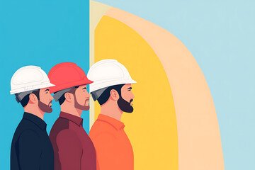 Illustration of three construction workers standing in a row, wearing hard hats. The illustration has a modern aesthetic with bright, bold colors and a geometric background.