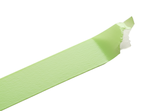 Bright green painter's masking tape, textured, partially peeled revealing translucent glossy adhesive, jagged torn end, diagonal on pristine transparent background with copy space, shadowless studio
