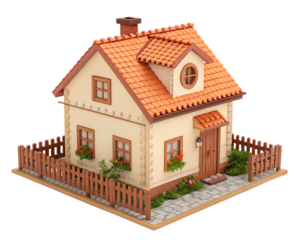 Isometric view of a cartoon house with orange roof and wooden fence on a cobblestone base