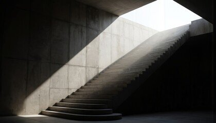 Obraz premium Serene indoor space with concrete ceiling, floor featuring row of evenly spaced concrete steps. Stairs illuminated from below, casting warm glow. Small window above provides glimpse of outdoor world.