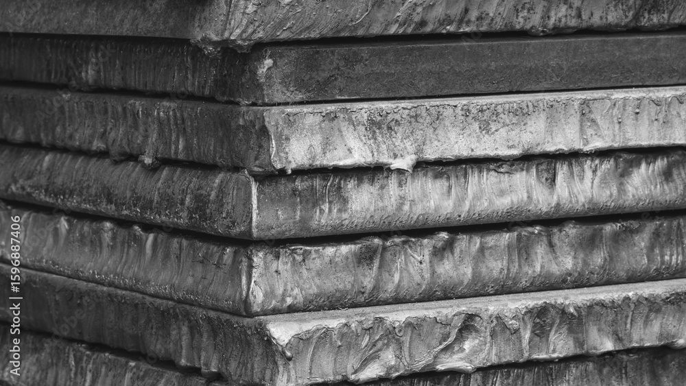 Poster stack of metal sheets with rust. plates are stacked on top of each other and have traces of laser pl