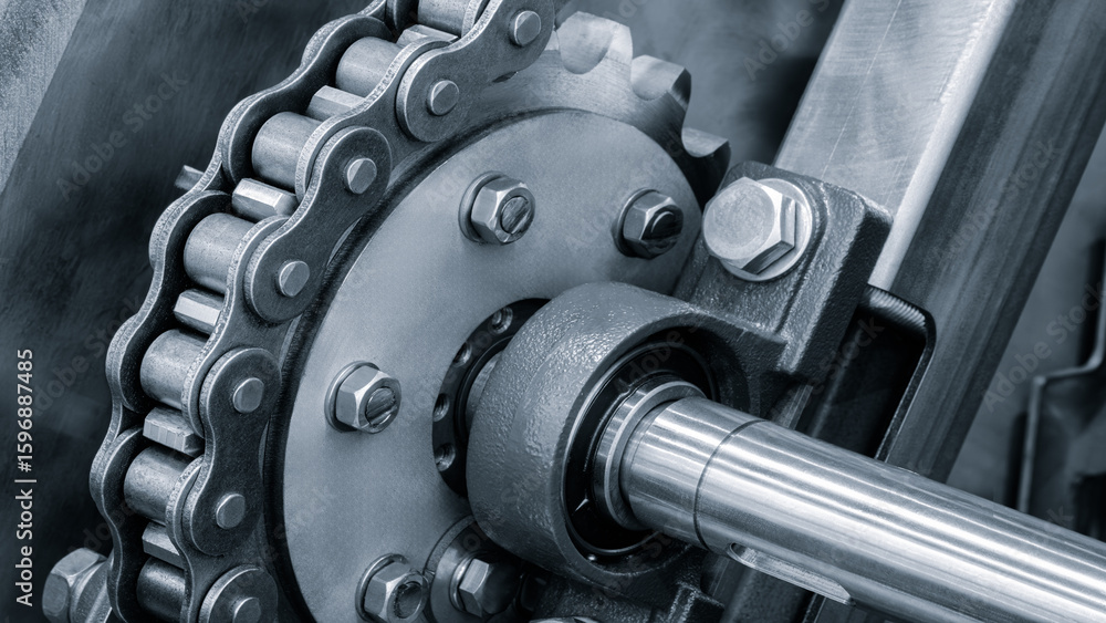 Poster a chain of gears is shown in a close up. the chain is made of metal and is very detailed. concept of