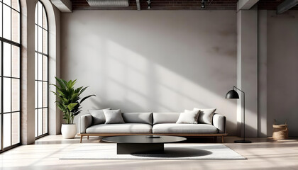 Bright, minimalist modern loft living room with exposed brick and natural light
