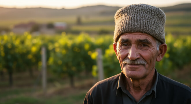 Portrait of elderly Georgian man in traditional hat standing in vineyard at sunset. Senior male representing Georgia culture, wisdom and viticulture heritage. Horizontal banner with copy space