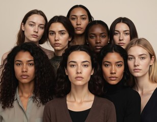 Group of diverse women standing together, faces forward. Skin tones range from dark to light, harmonious color palette. Beige background, natural formation, casual gathering event. No text objects