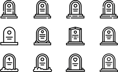 Vector illustration:  Twelve minimalist gravestone icons, black line art.