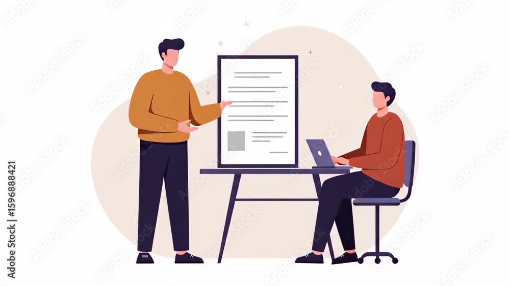 Poster flat vector a man is giving a presentation to a colleague, explaining data and information in a busi