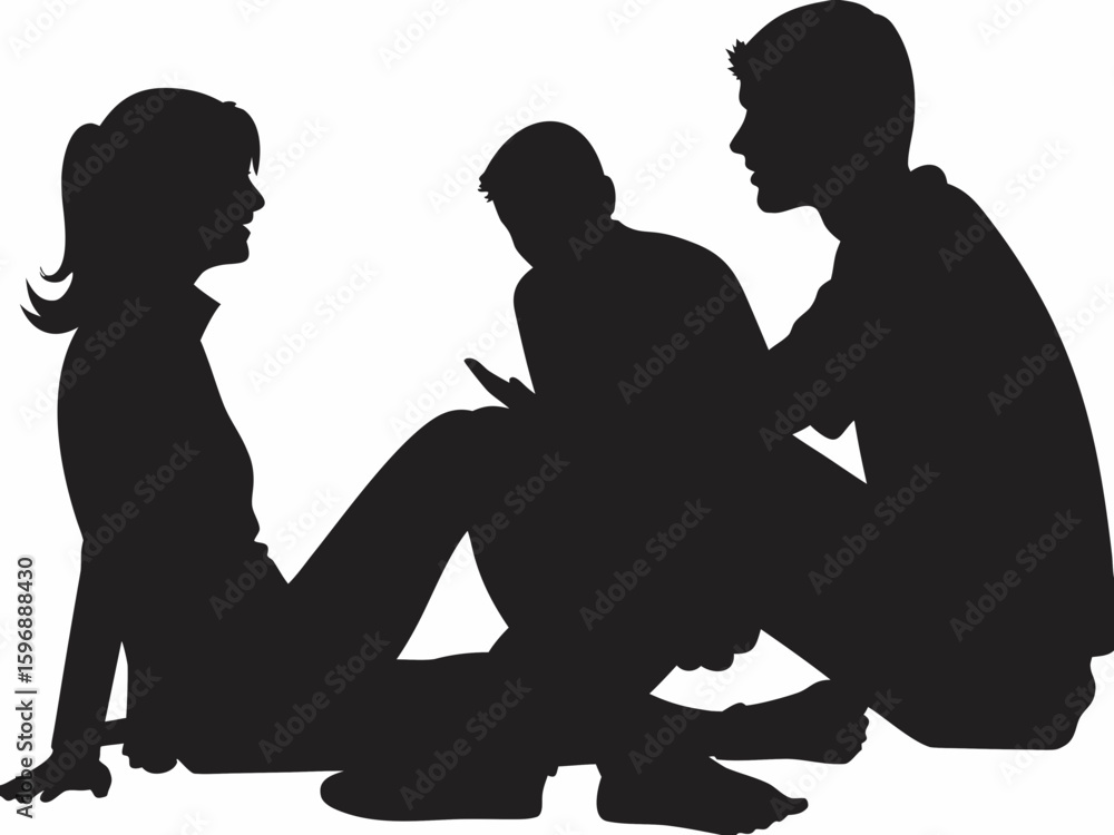 Poster silhouette of three people sitting together in discussion and interaction in a dark monochrome desig