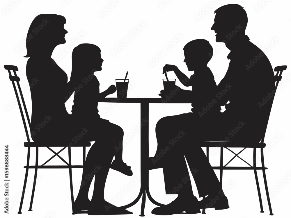 Poster silhouette of a family sitting at a table with drinks enjoying time together in a dark monochrome st