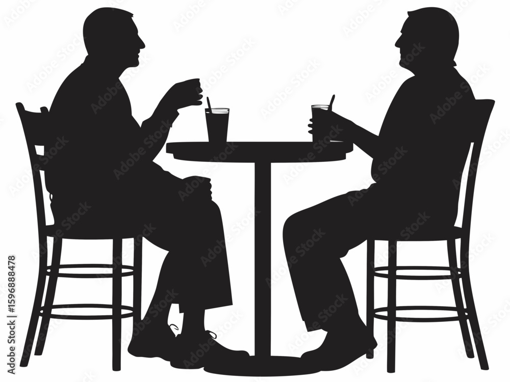 Poster silhouette of two men sitting at a table drinking from glasses with straws in a cafe setting on chai
