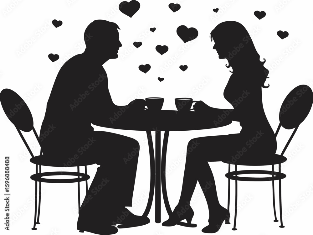 Poster silhouette of a couple having coffee at a table surrounded by floating hearts on a white background 