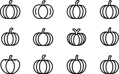 Twelve vector pumpkin icons: minimalist line art design