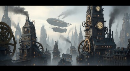 Steampunk city with airships and clock towers billowing smoke