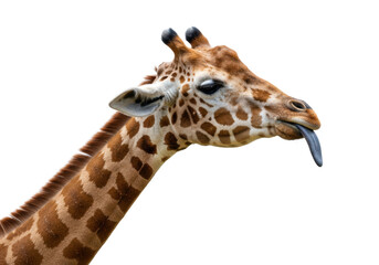 Close-up side profile of an adult giraffe with brown and tan polygonal patches, its long dark blue-grey tongue comically extended, isolated against a transparent studio background with copy space,