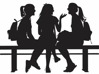 Silhouette of three girls with backpacks sitting and talking on a bench in black and white vector art created with generated ai