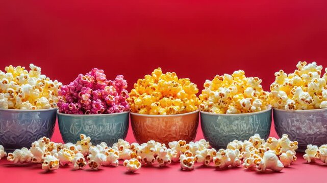 A row of colorful bowls filled with popcorn sitting on a table, perfect for parties or movie nights