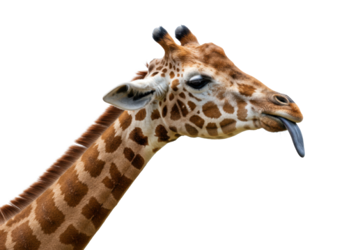 Close-up side profile of an adult giraffe with brown and tan polygonal patches, its long dark blue-grey tongue comically extended, isolated against a transparent studio background with copy space,