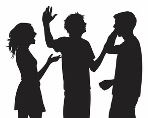 Silhouette of three people engaged in an argument with raised hands and expressive body language shown created with generated ai