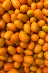 fresh bunch of ripe kumquats . The miniature citrus fruits are tightly grouped, showcasing their glossy texture and rich color. Ideal for healthy food, citrus, or natural fruit