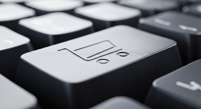 Close-up of a keyboard key with a shopping cart and percentage icon, symbolizing online shopping, e-commerce discounts, and digital retail.