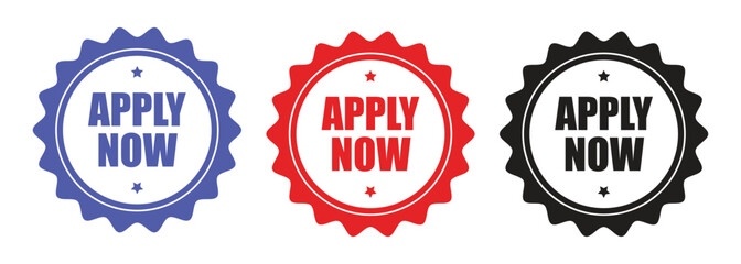 Apply Now Vector Badge Set in Red Blue and Black Colors for Promotions. Apply now banner design sticker. Vector illustration