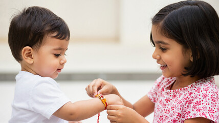 Little girl tying rakhi to baby brother during a fun Raksha Bandhan event