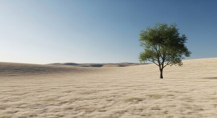 A lone green tree stands tall in a vast, dry grassy field under a clear blue sky