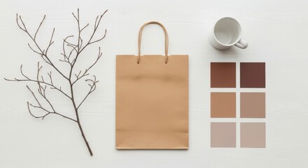 A brown paper bag with a mug and color swatches on a white table