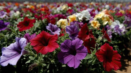 Close-up view of colorful petunias in a garden bed.