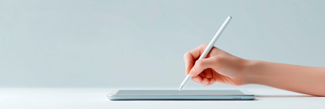 Female hand using digital pen on tablet screen in minimal modern setting
