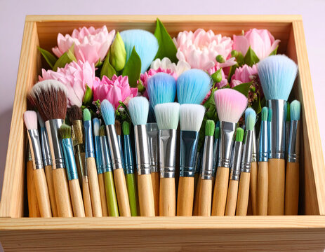 Set of brushes in a wooden box with flowers. Generated Image.