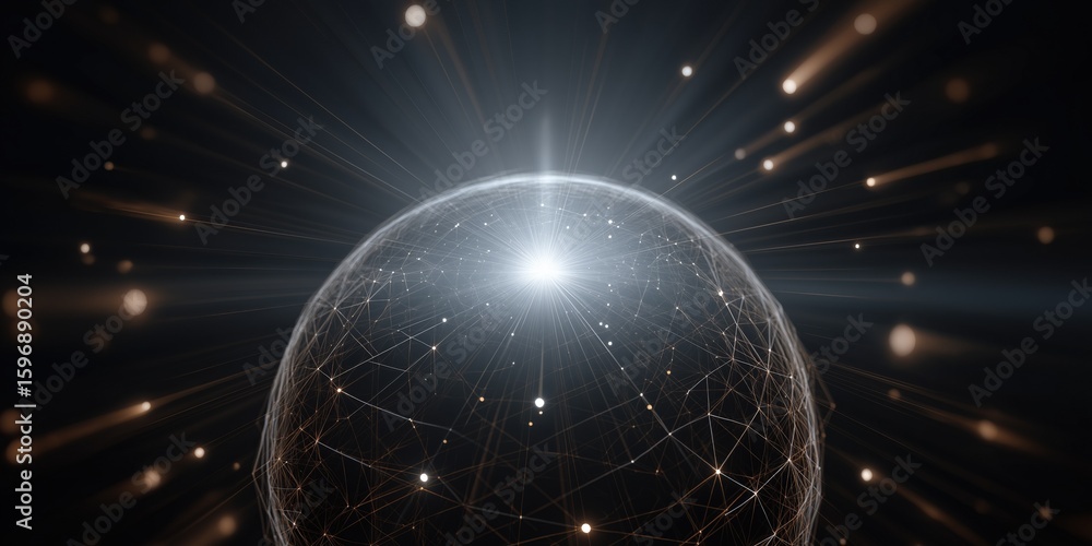 Poster glowing sphere with radiating light and network connections in dark space