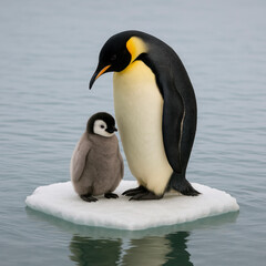 Obraz premium Emperor penguin with a chick on an ice floe.