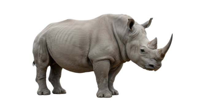 Large adult white rhinoceros with powerful build, thick grey skin, and prominent horn, standing still in a dignified pose against a pristine transparent studio background with no shadows. Concept of