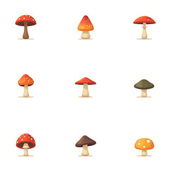 Colorful vector set of flat style mushroom icons