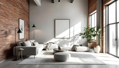 Bright, minimalist modern loft living room with exposed brick and natural light
