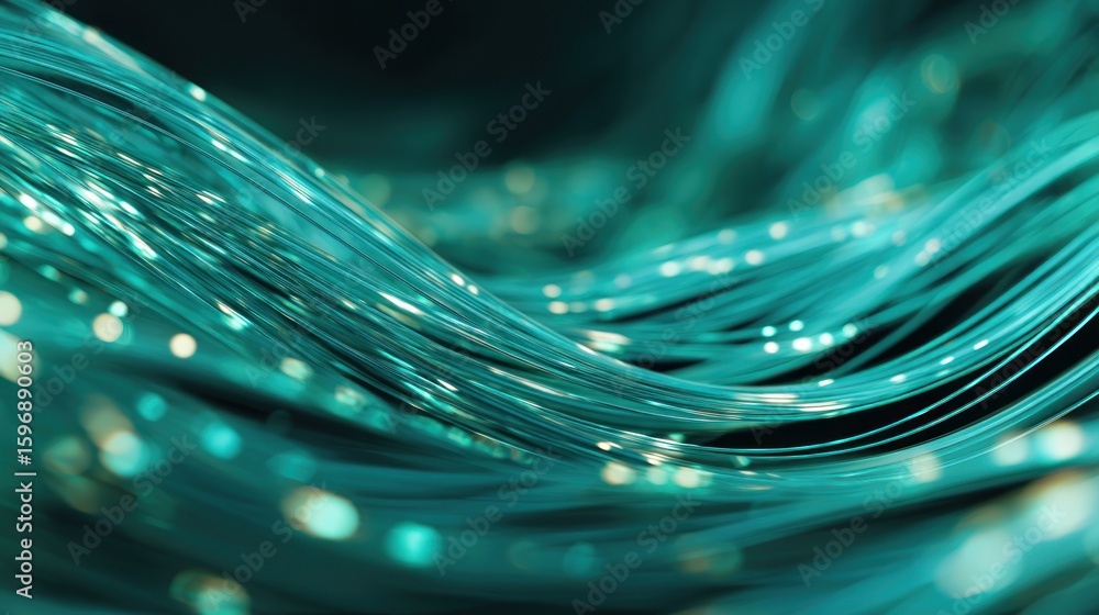 Poster teal lines with shimmering highlights form a dynamic, flowing pattern.