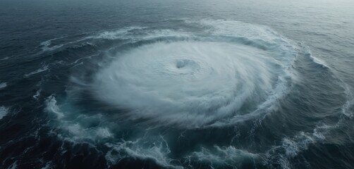Aerial view of ocean with blue waters and white waves. A large white wave, possibly a spiral, moves from top left to bottom right. Dynamic ocean scene with waves and motion.