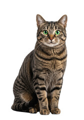 Obraz premium A sleek domestic short-haired tabby cat with vibrant green eyes sits composed, looking directly into the camera on a transparent, seamless studio background, bright product photography concept.